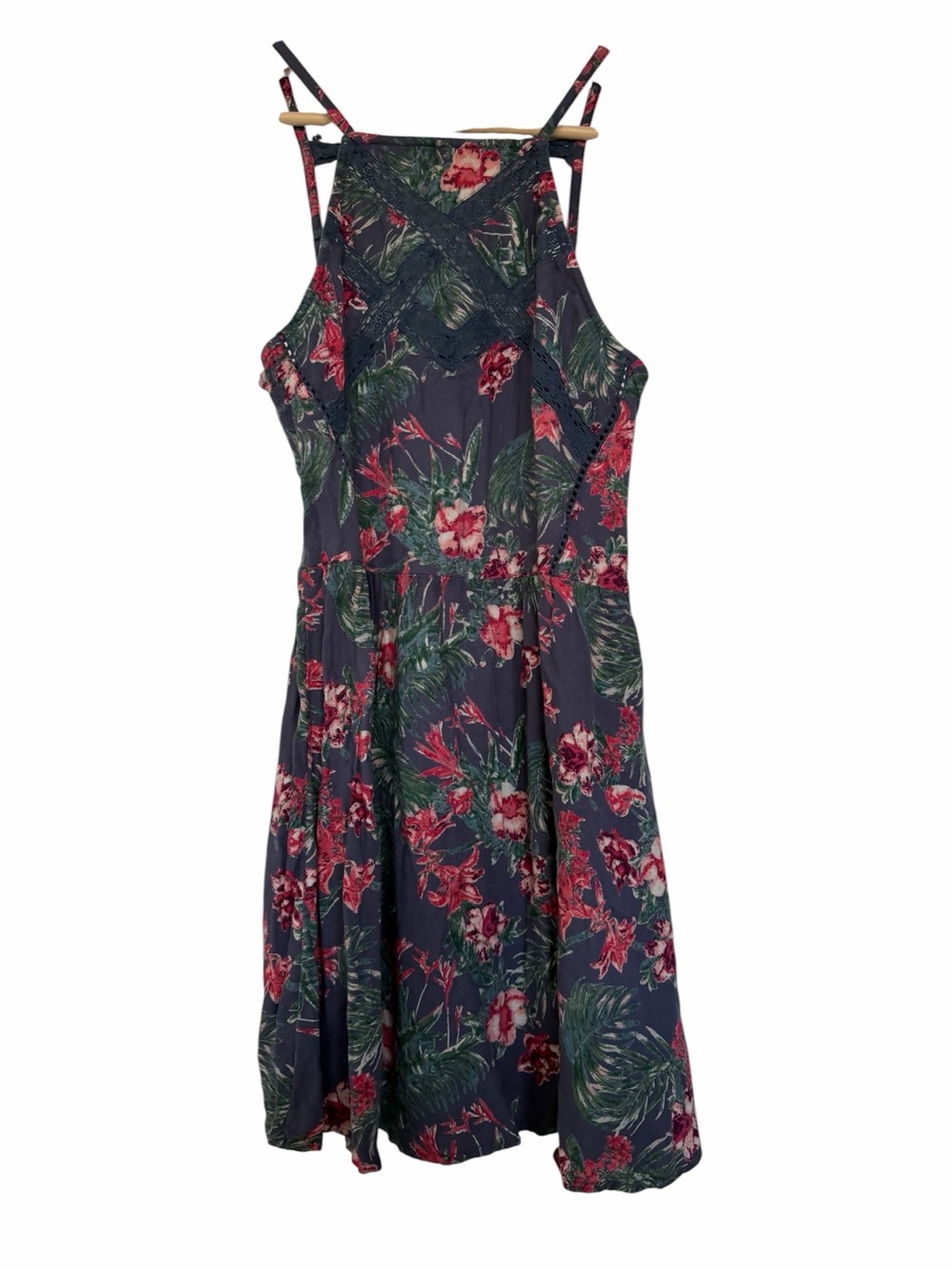 Roxy Navy Floral Halter Mini Dress with Red & Green Print